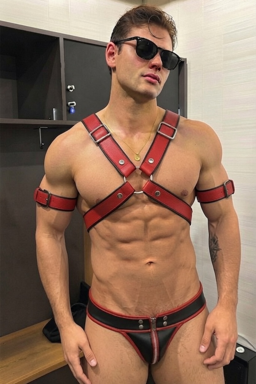 Mysteryglove Army Green PU Leather X-Chest Harness & Zipper Jockstrap Set (No Armbands)