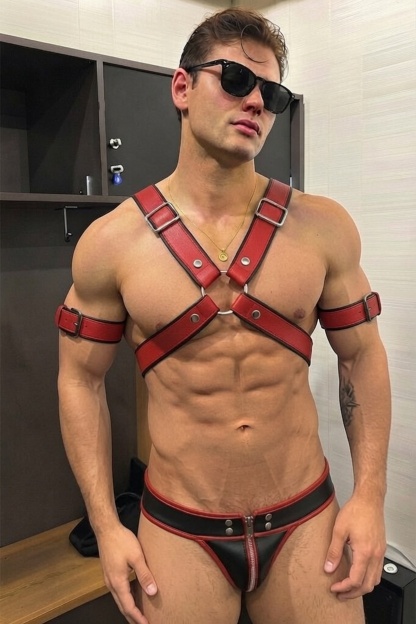 Mysteryglove Army Green PU Leather X-Chest Harness & Zipper Jockstrap Set (No Armbands)