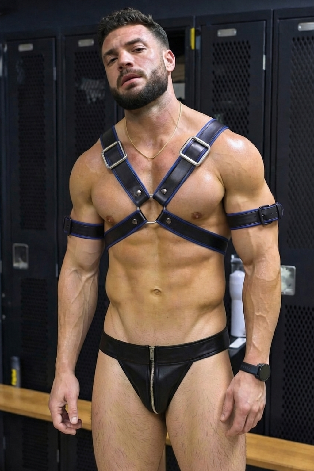 Mysteryglove Army Green PU Leather X-Chest Harness & Zipper Jockstrap Set (No Armbands)