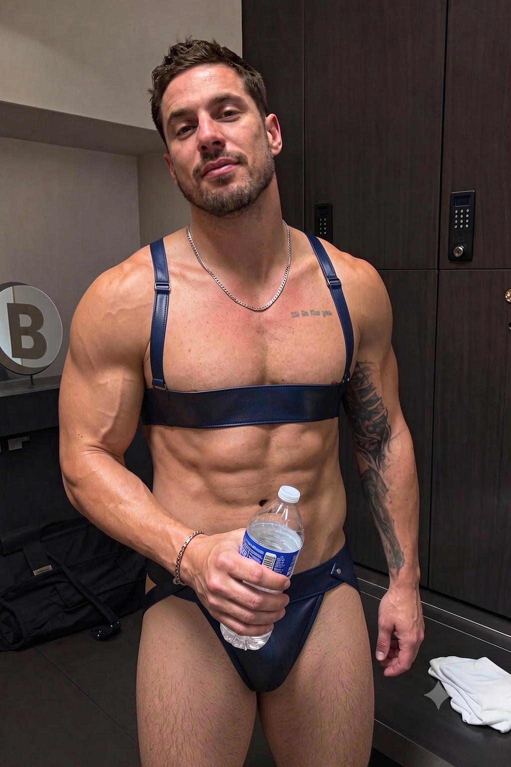 Mysteryglove Navy PU Leather Minimal Chest Harness & Jockstrap Set for Men