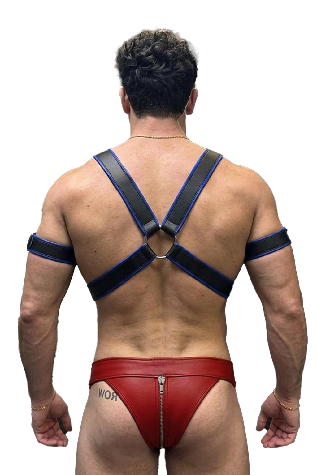 Mysteryglove Black & Blue PU Leather Harness with Matching Red Zipper Jockstrap Set