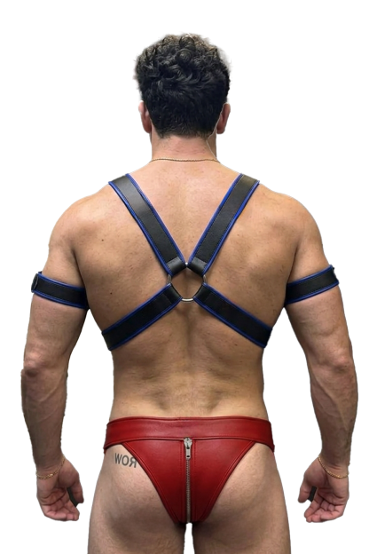Mysteryglove Black & Blue PU Leather Harness with Matching Red Zipper Jockstrap Set