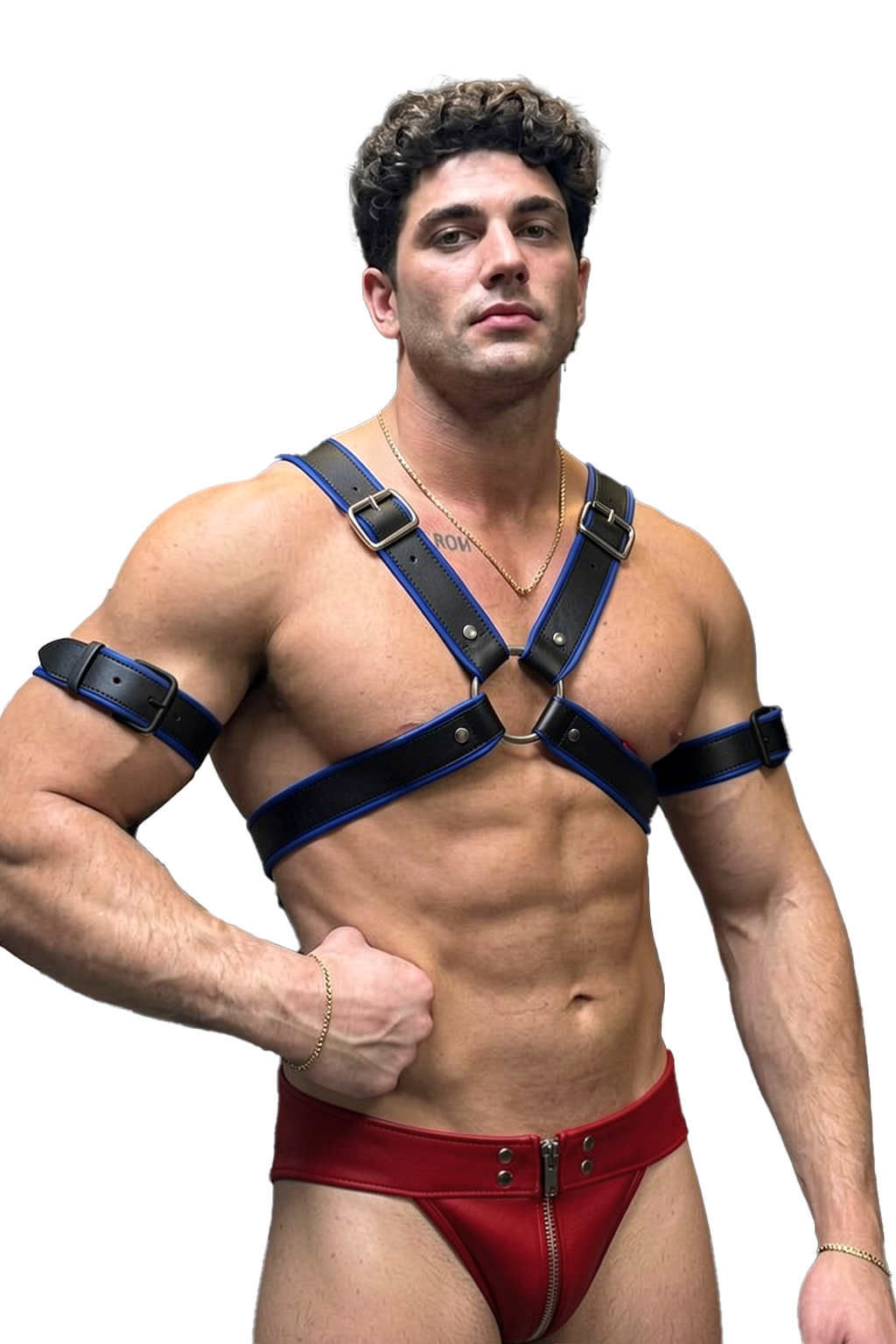 Mysteryglove Black & Blue PU Leather Harness with Matching Red Zipper Jockstrap Set