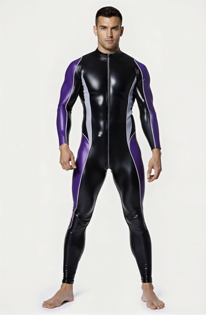 Sleek Black and Purple Latex Jumpsuit for Men
