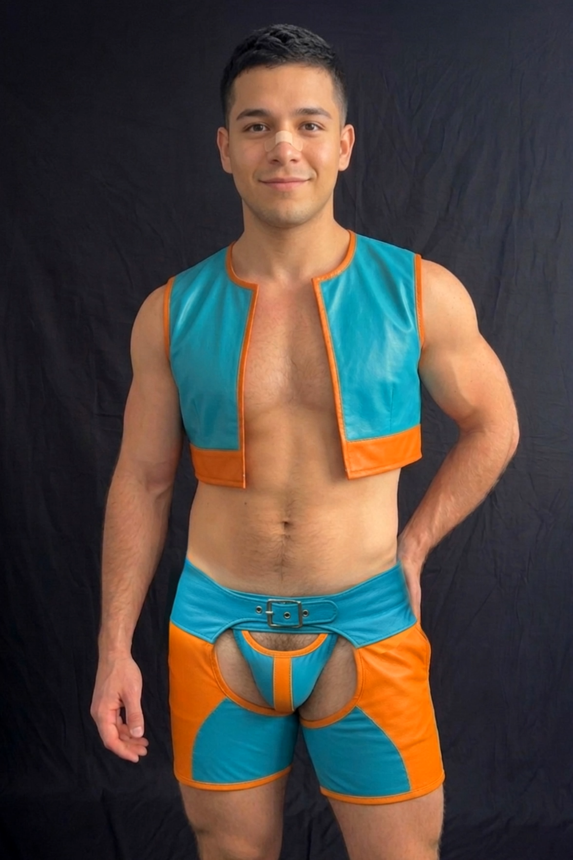 Mysteryglove Men’s Colorblock PU Leather Cutout Shorts and Cropped Vest Set