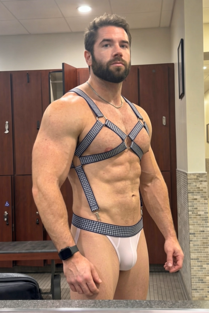 Mysteryglove Gingham Harness Jockstrap Set, X-Back O-Ring Straps + White Mesh Pouch + Open-Seat Back