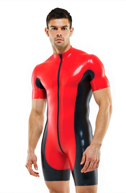 Mysteryglove Red & Black PU Leather Bodysuit – Short Sleeve Zip-Up Design