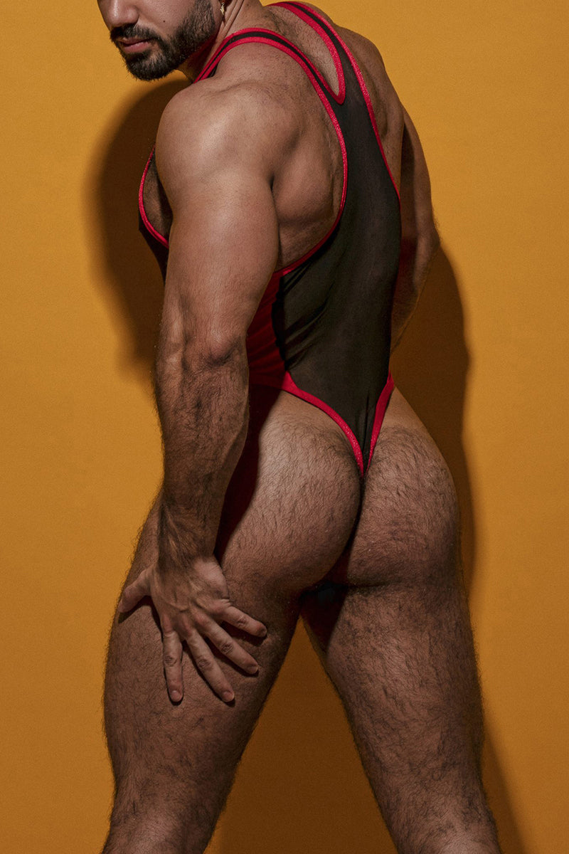 Colorblock See-Through Mesh Patchwork Racer Back Stretchy Thong Bodysuit