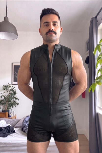 Mysteryglove Black PU Leather & Mesh Singlet, Zip-Front One-Piece with Breathable Back Panel