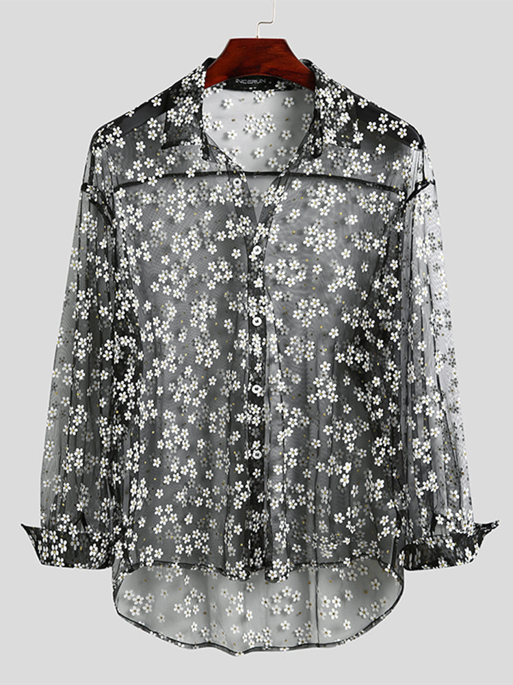 Mens See Through Mesh Floral Shirts