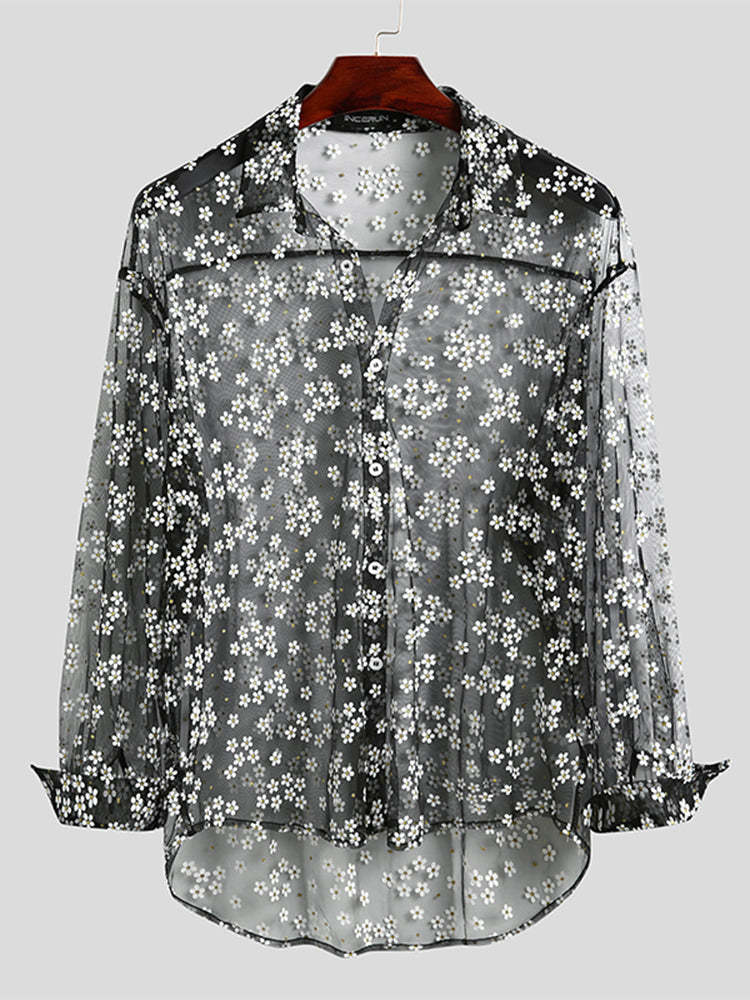 Mens See Through Mesh Floral Shirts
