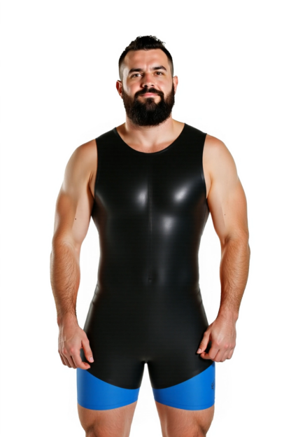 Mysteryglove Men's Sleeveless PU Leather Bodysuit – Black with Bold Blue Contrast Panels