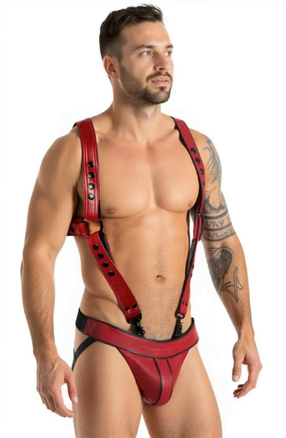Mysteryglove Red PU Leather Harness Jock Set – X-Back Straps with Matching Pouch Thong