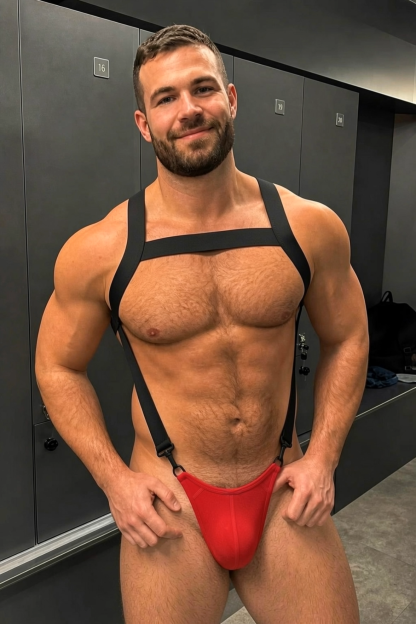 Mysteryglove Men's Leather Chest Harness & Red Open Back Jockstrap Set