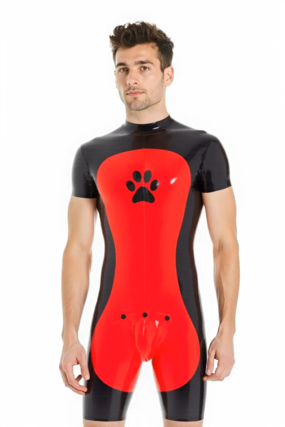 Mysteryglove Men’s PU Leather Short-Sleeve Bodysuit – Black & Red Contrast Style