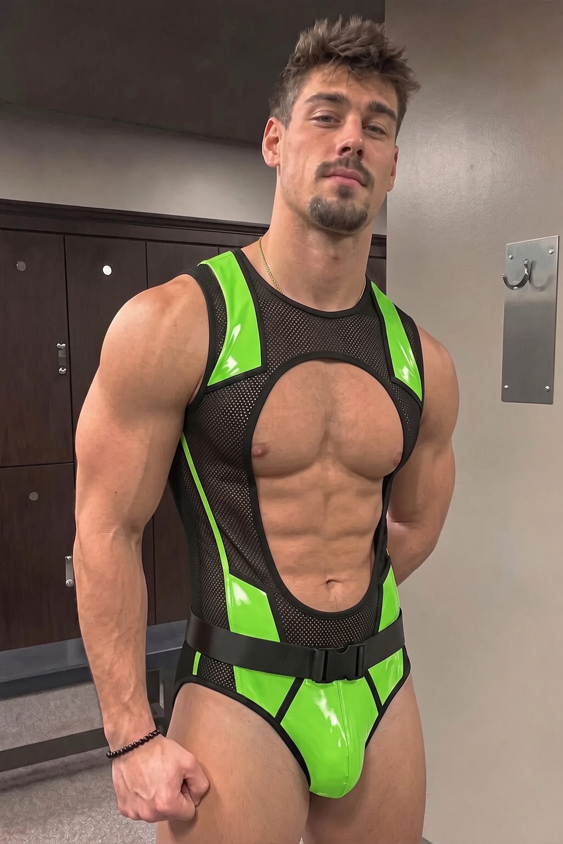 Mysteryglove Mesh & Gloss PU Leather Singlet, Yellow Panel Design with Open Back