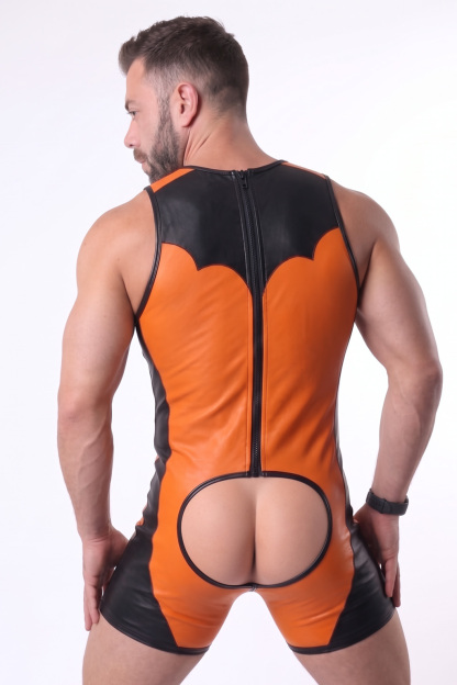 Mysteryglove Orange & Black Gloss PU Leather Singlet Bodysuit, Open-Seat Back + Full Back Zip + Contrast Panel Design