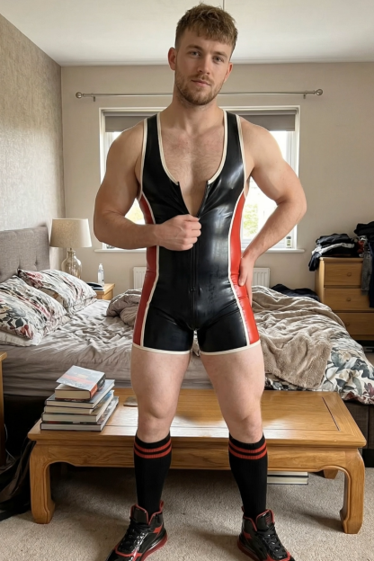 Mysteryglove Men's Black & Red Wrestling-Style Glossy Patent Leather Bodysuit