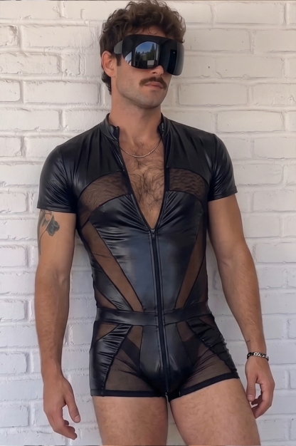 Mysteryglove Men’s Black Mesh Panel Romper, Shiny Slim Fit Zip-Up Short Jumpsuit
