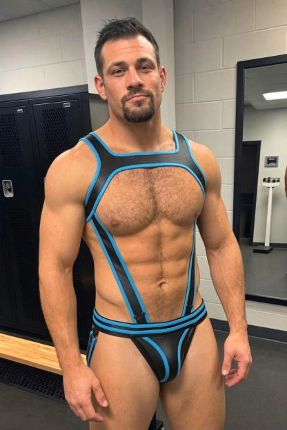 Mysteryglove Black & Blue PU Leather Harness Jockstrap Set, O-Ring X-Back Design