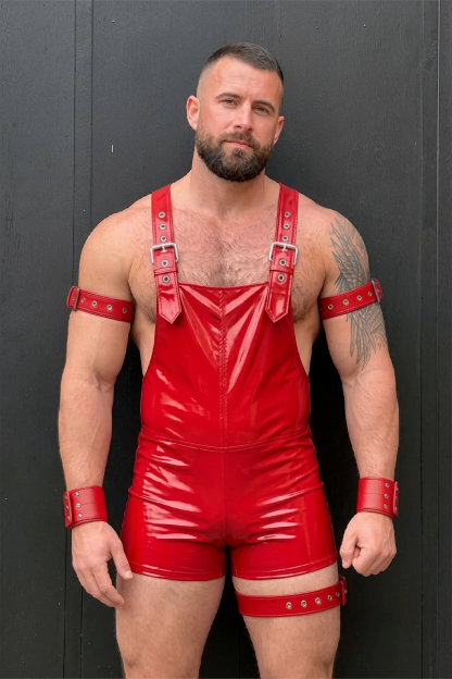Mysteryglove Men's Crimson Gloss PU Leather Harness Shortall