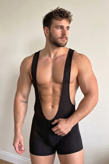 Mysteryglove Black Mesh Open Chest Bodysuit, Front Full-Length Zipper + Backless Design