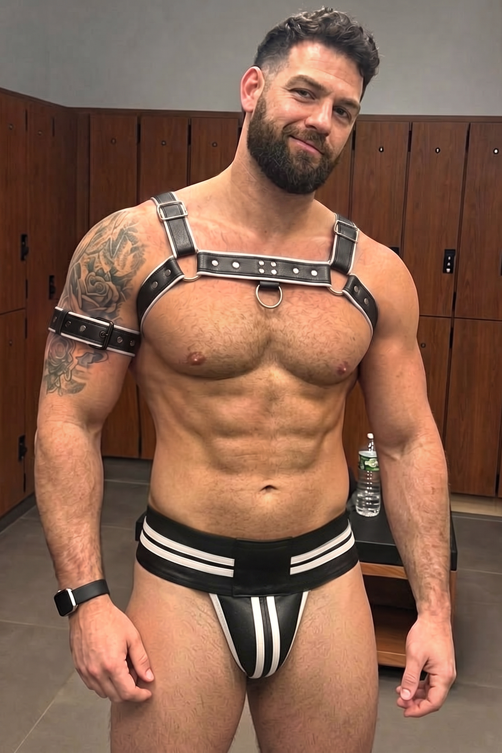 Mysteryglove Black & White PU Leather Chest Harness Set with O-Ring Detail