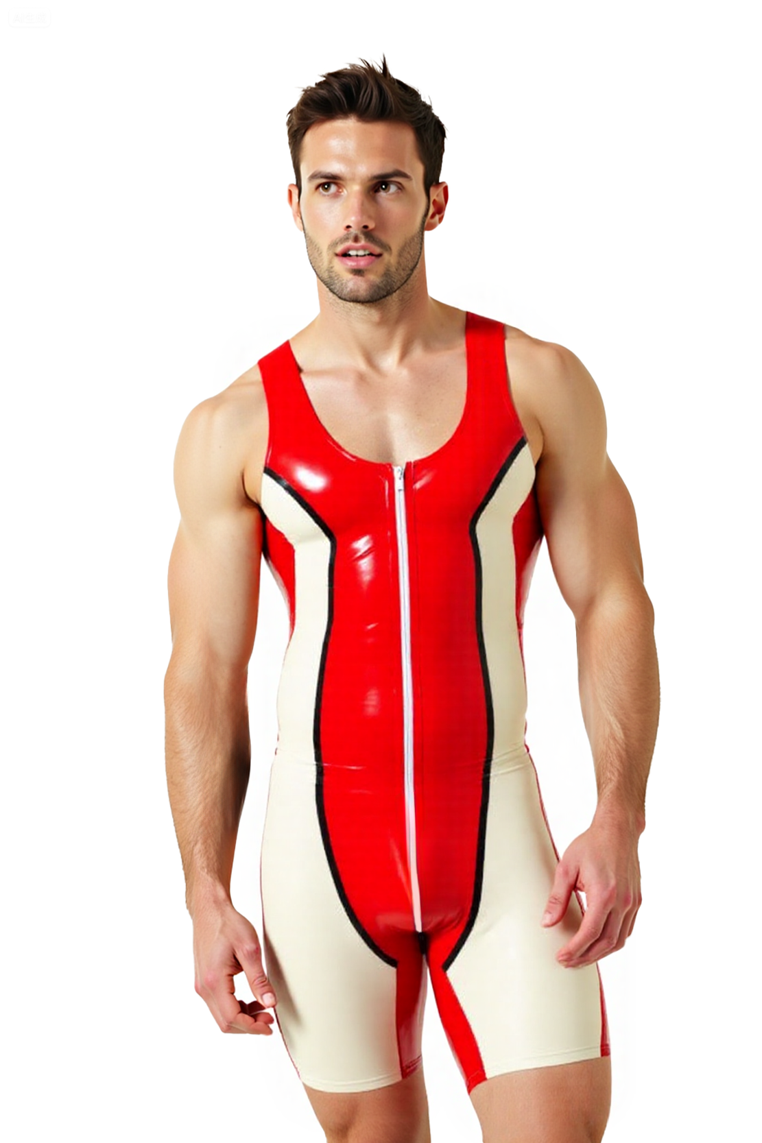 Mysteryglove Men’s PU Leather Wrestling Singlet – Red & White Racerback Bodysuit with Front Zip