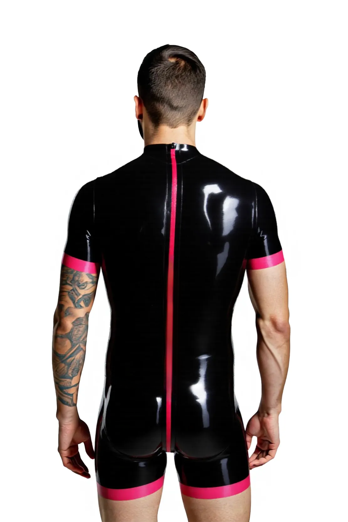 Mysteryglove Men's PU Leather Short Catsuit – Glossy Black with Hot Pink Edges