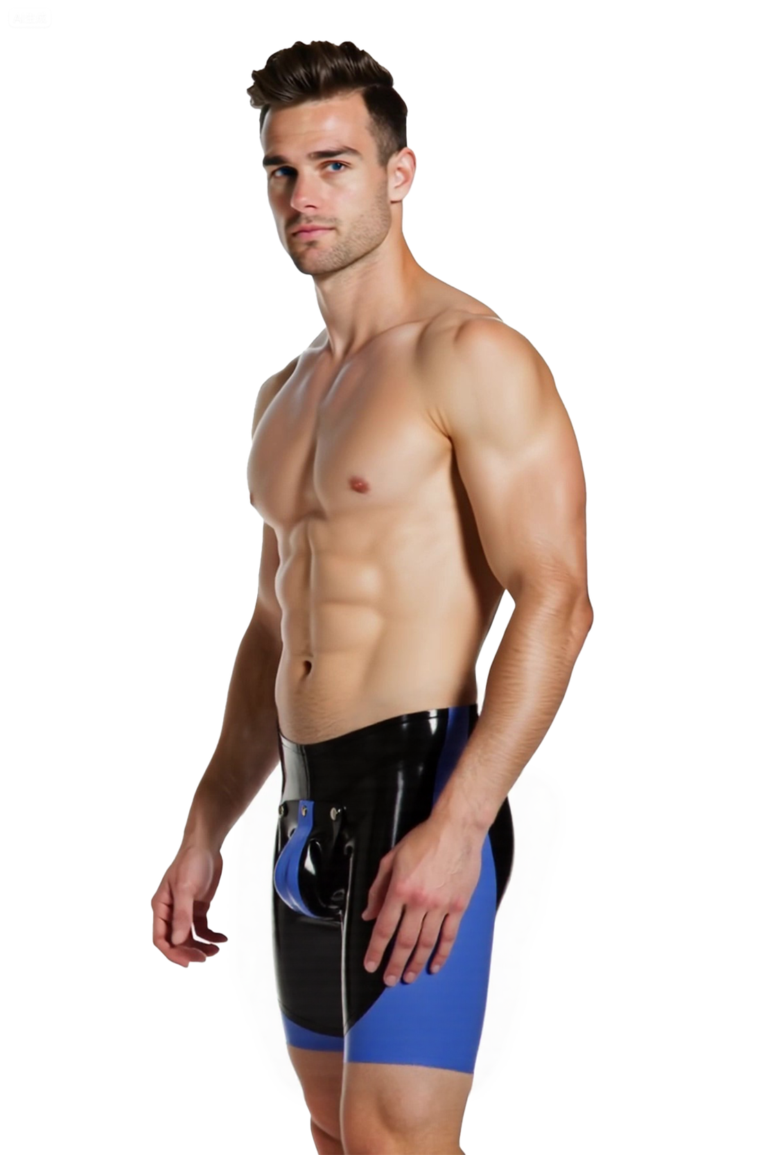 Mysteryglove Men’s PU Leather Compression Shorts with Front Pouch and Back Zip – Black & Blue
