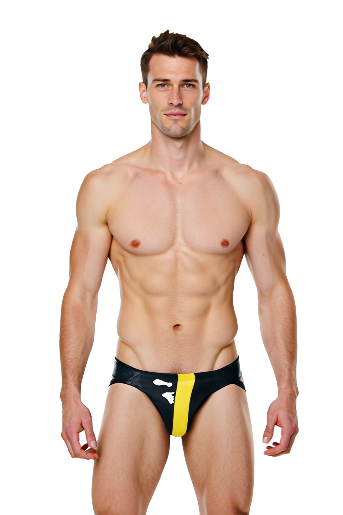 Mysteryglove Men’s PU Leather Jockstrap Brief – Black with Yellow Stripe and Cutout Sides