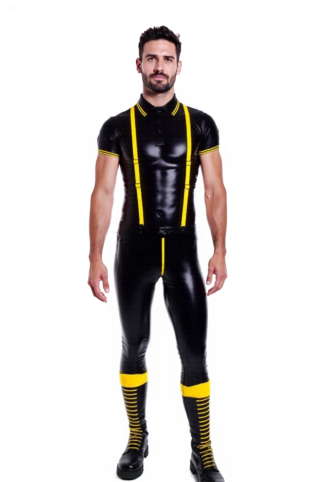 Mysteryglove Men’s PU Leather Short Sleeve Shirt and Matching Pants with Yellow Suspenders