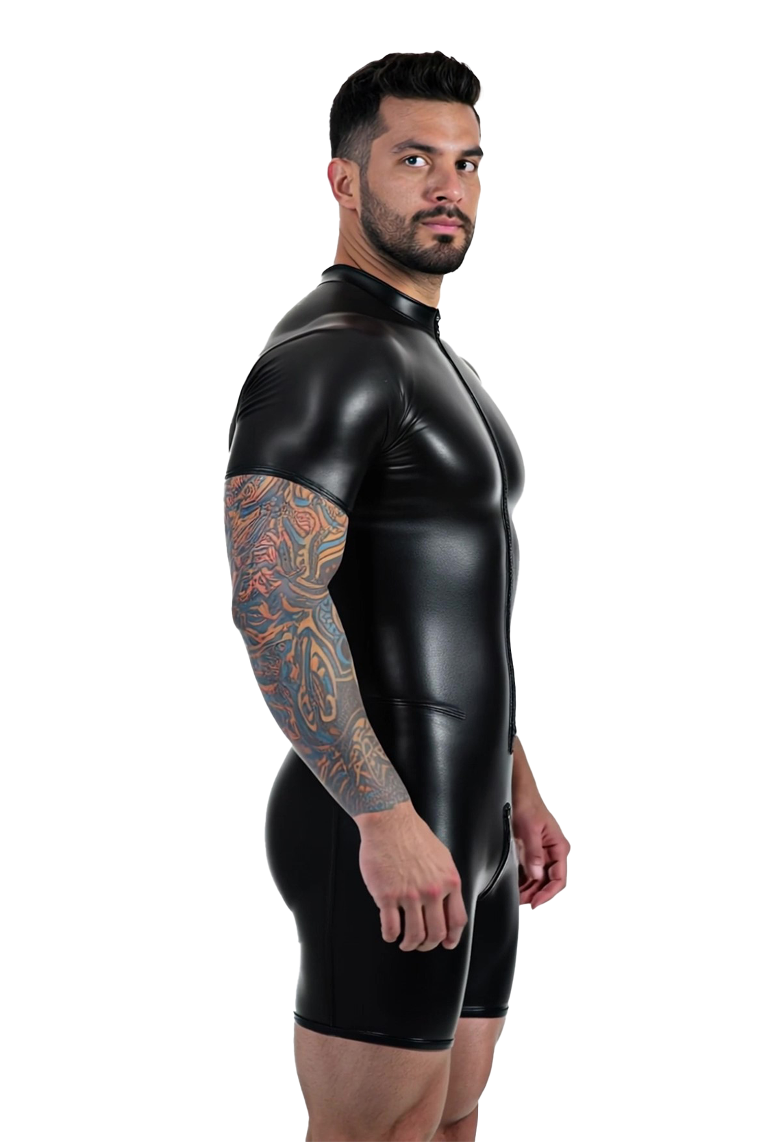 Mysteryglove Men’s Black PU Leather Short Sleeve Zip-Front Romper