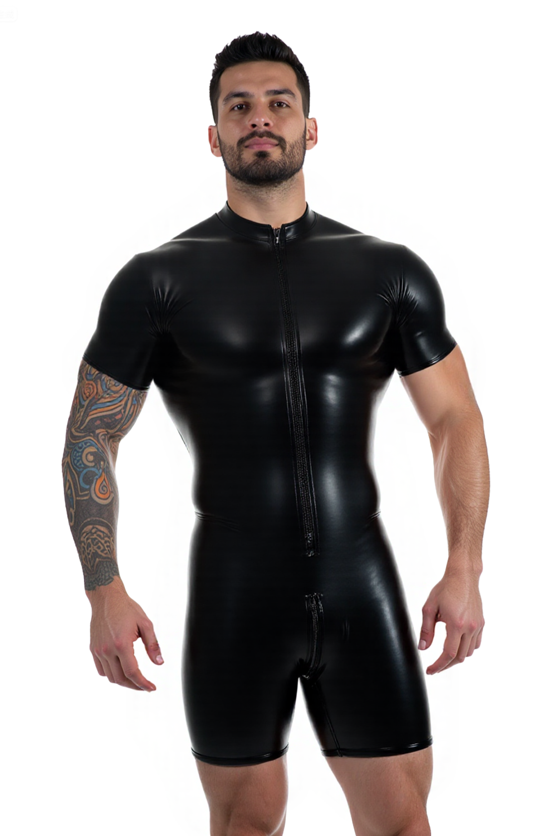 Mysteryglove Men’s Black PU Leather Short Sleeve Zip-Front Romper