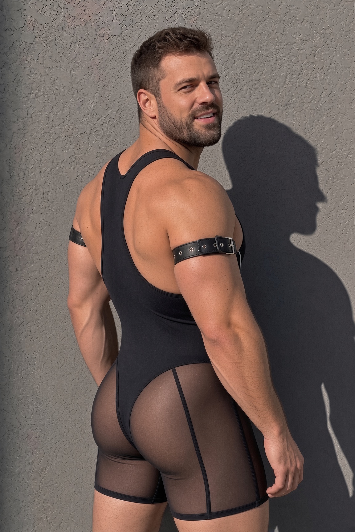 Mysteryglove Sheer Mesh Panel Singlet Bodysuit, Black Sleeveless One-Piece with Contour Piping