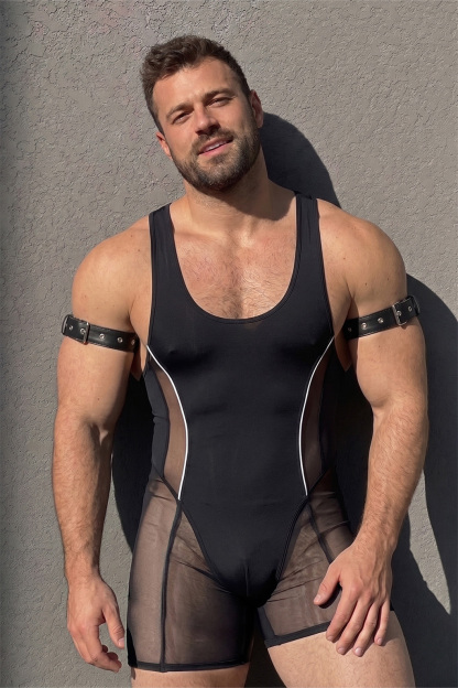 Mysteryglove Sheer Mesh Panel Singlet Bodysuit, Black Sleeveless One-Piece with Contour Piping