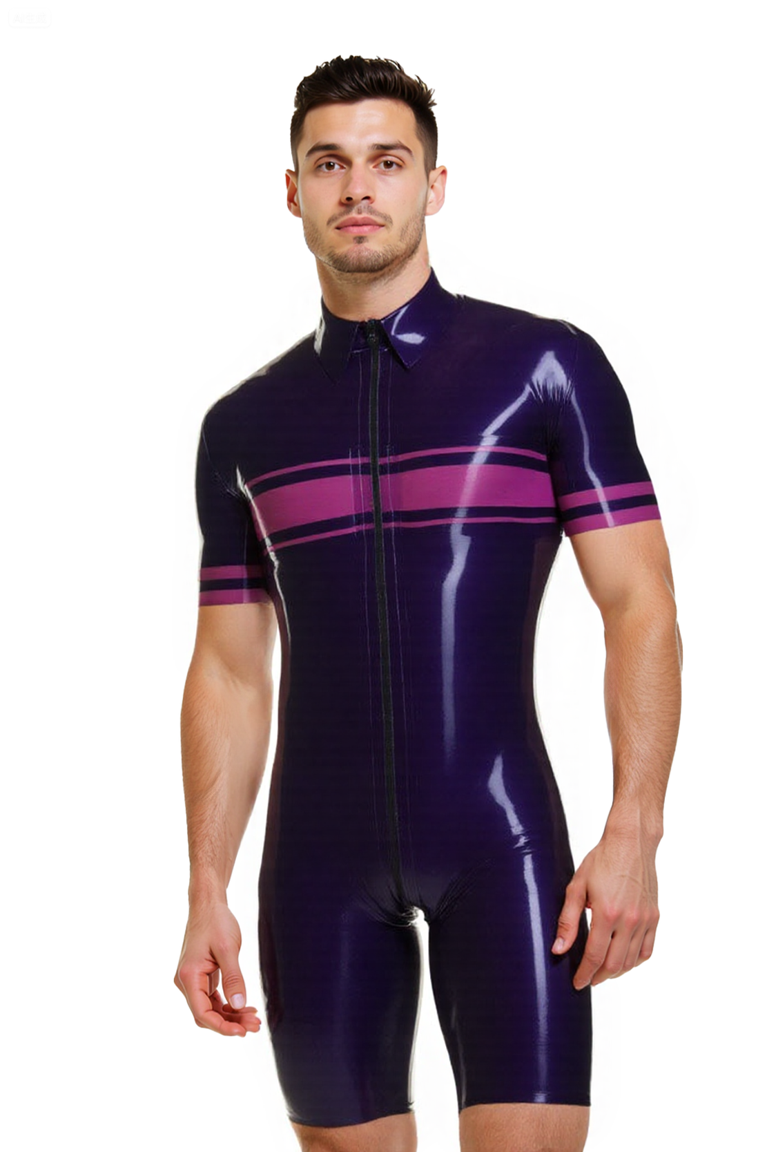 Mysteryglove Men’s Shiny Bodysuit – Short Sleeve Zipper Front Romper in Purple with Stripes