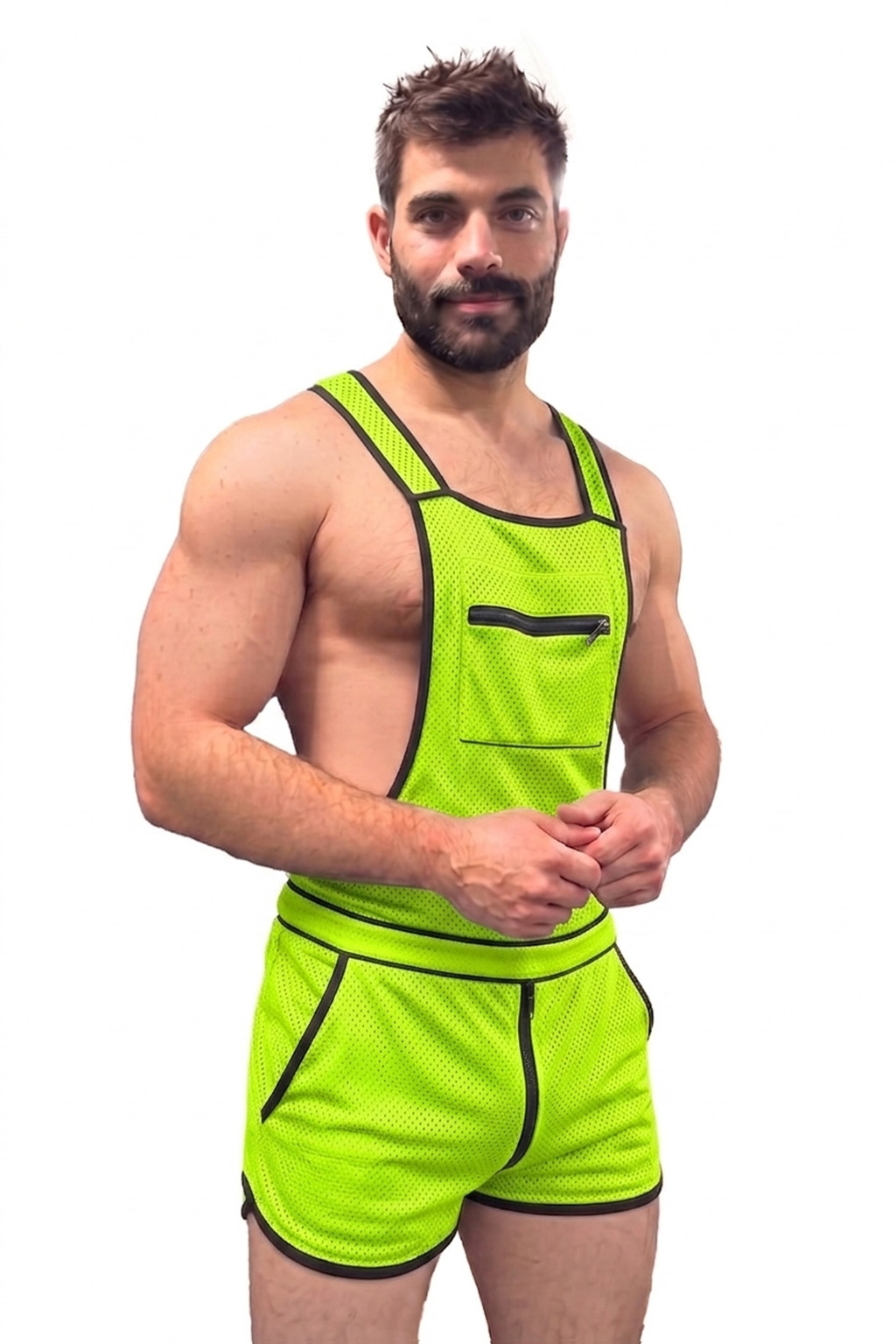 Mysteryglove Neon Mesh Suspender Set, Open-Side Bib Top + Zip-Front Pocket Shorts