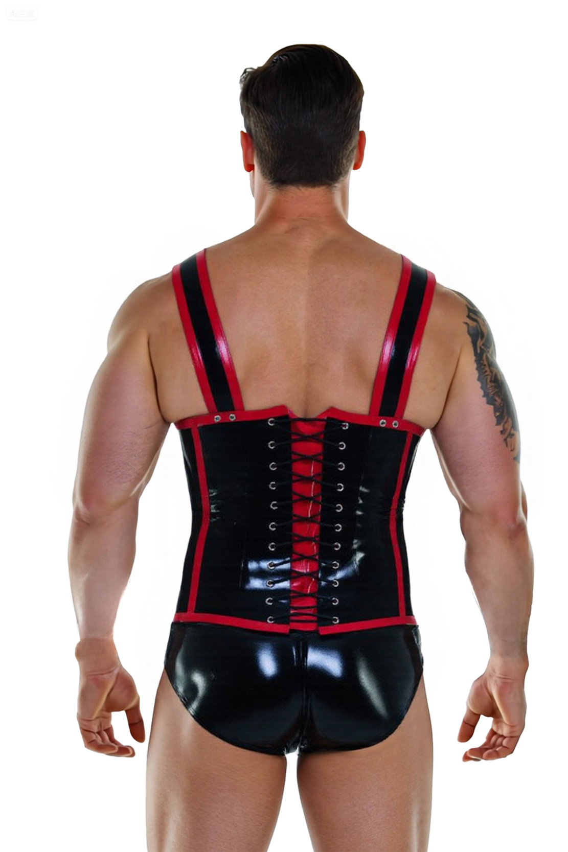 Mysteryglove Men’s PU Leather Corset Bodysuit – Black with Red Trim and Harness Straps