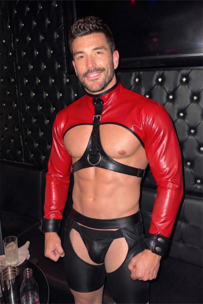 Mysteryglove Men’s PU Leather Fetish 3-Piece Set, Red Open-Chest Jacket with Ring Harness & Open-Seat Shorts