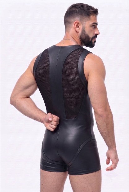 Mysteryglove PU Leather & Mesh Singlet Bodysuit, Sleeveless Zip-Front One-Piece with Sheer Panels