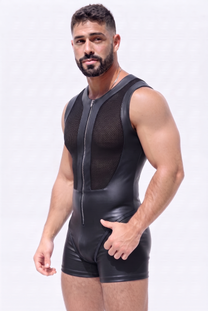 Mysteryglove PU Leather & Mesh Singlet Bodysuit, Sleeveless Zip-Front One-Piece with Sheer Panels