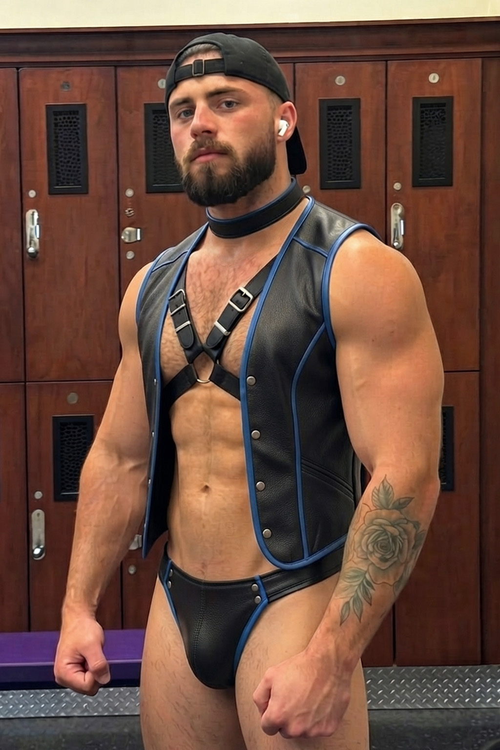Mysteryglove PU Leather Vest & Jockstrap Set, Blue Contrast Trim + Snap-Front Vest + Open-Seat Jock