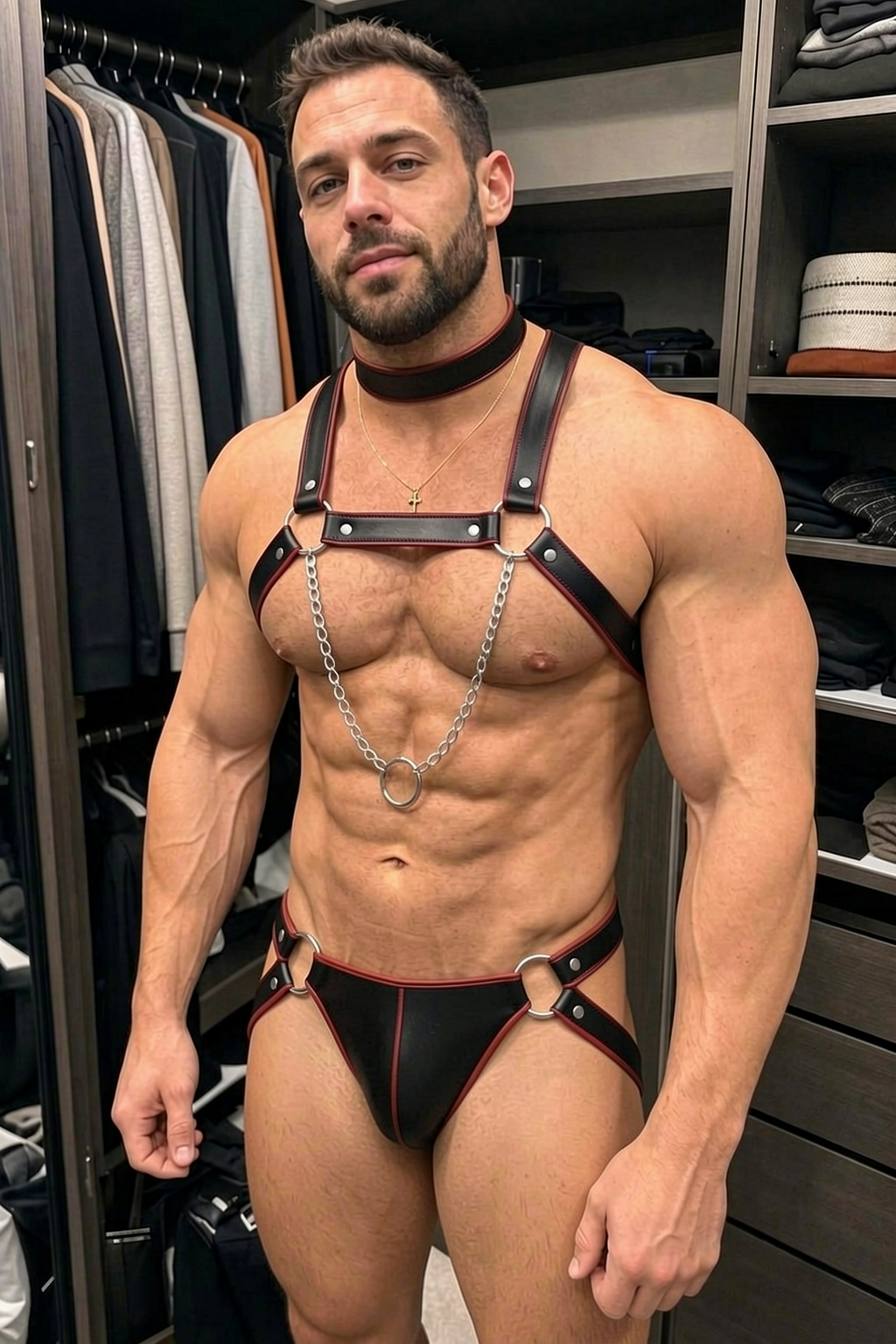Mysteryglove Men’s PU Leather 2-Piece Harness Set, X-Back Straps + Metal Rings + Jockstrap Bottom