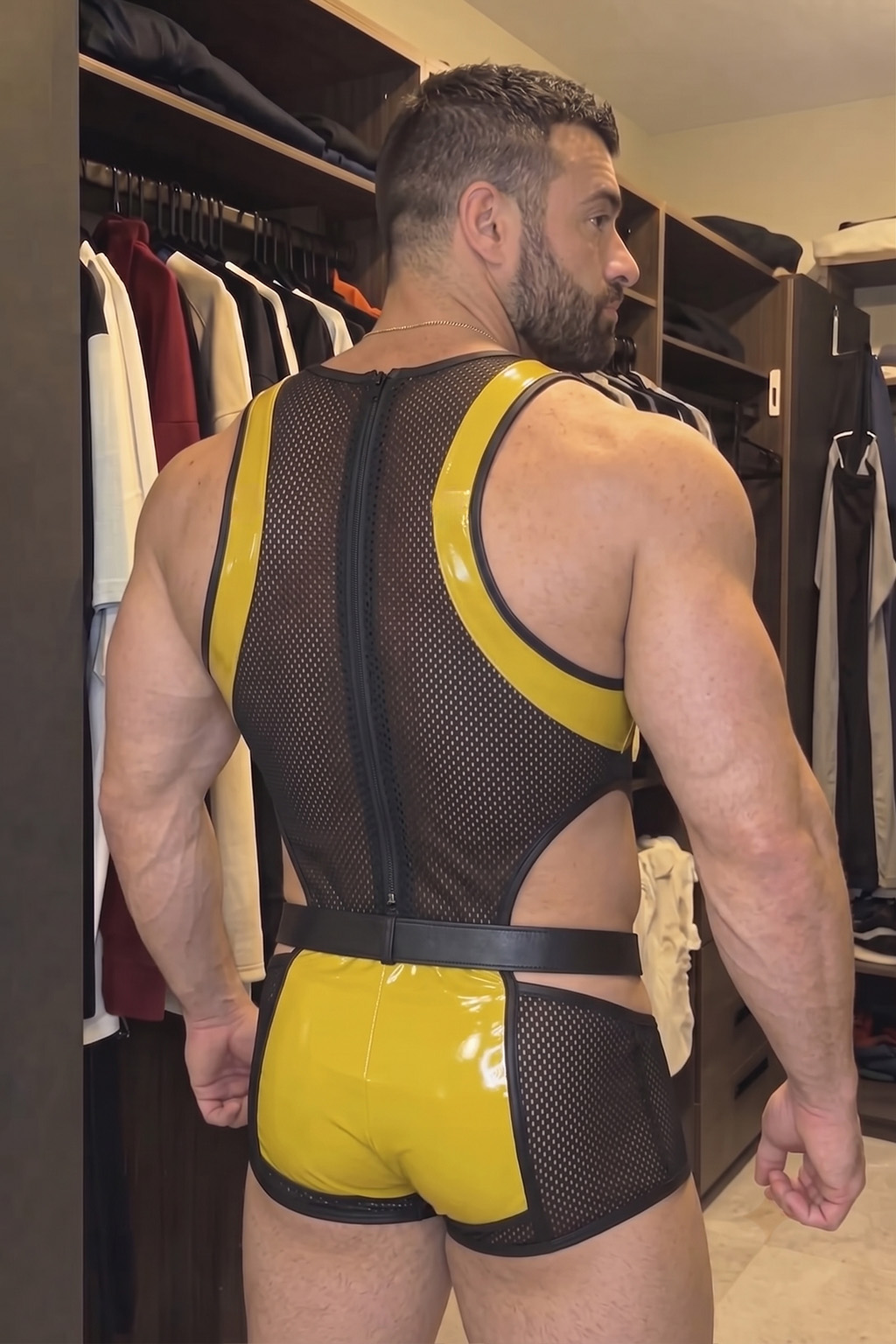 Mysteryglove Yellow Mesh & Gloss PU Singlet, Chest Cutout + Back Zip + Belted Waist Detail