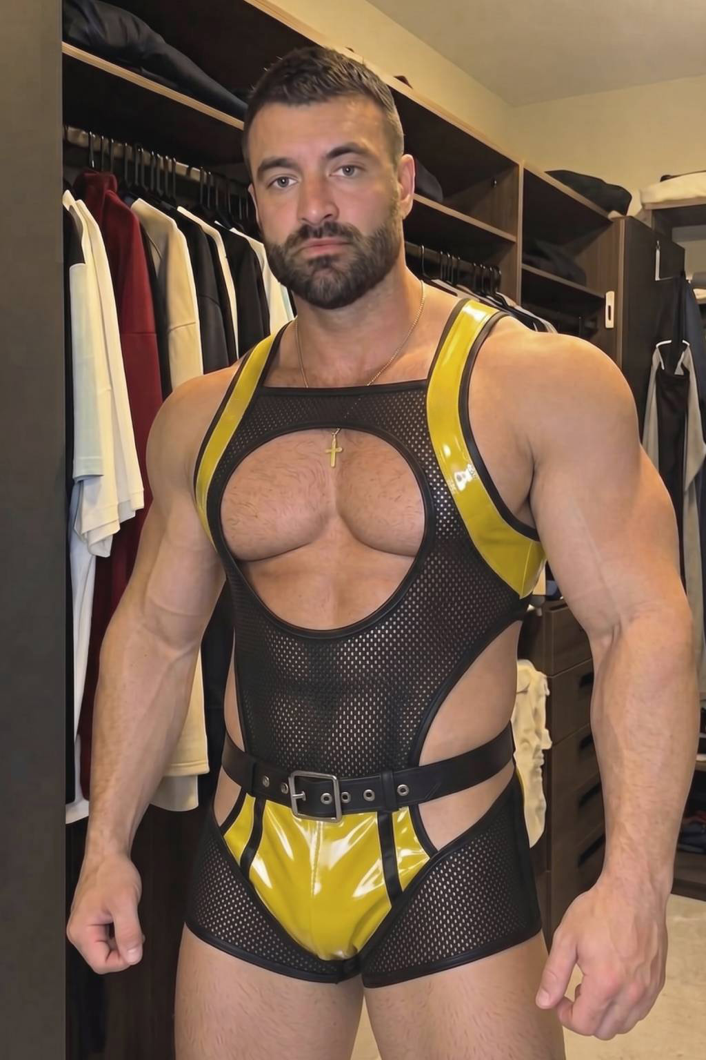 Mysteryglove Yellow Mesh & Gloss PU Singlet, Chest Cutout + Back Zip + Belted Waist Detail