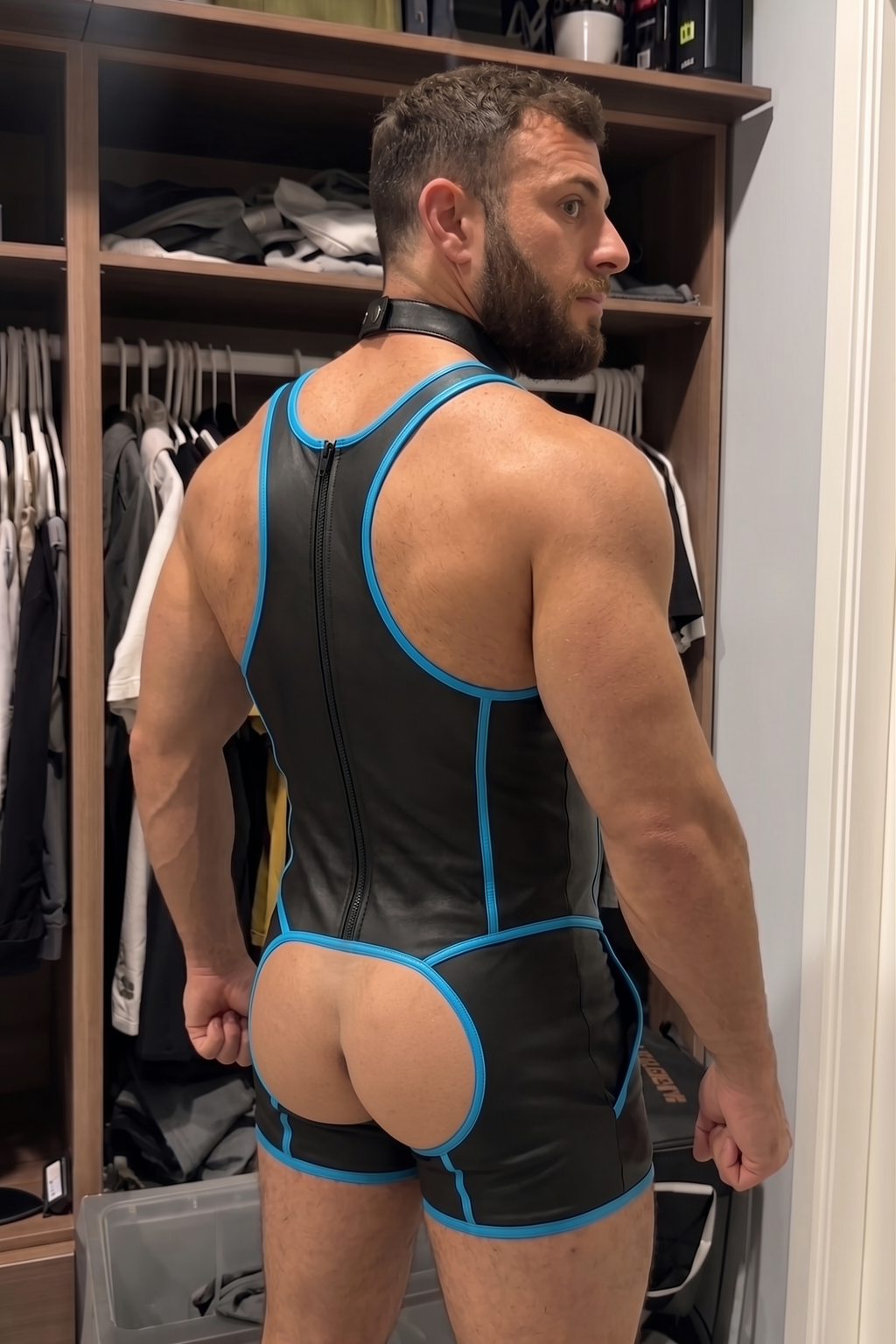 Mysteryglove Black PU Leather Singlet Bodysuit, Blue Contrast Piping + Back Zip + Open-Seat Cutout
