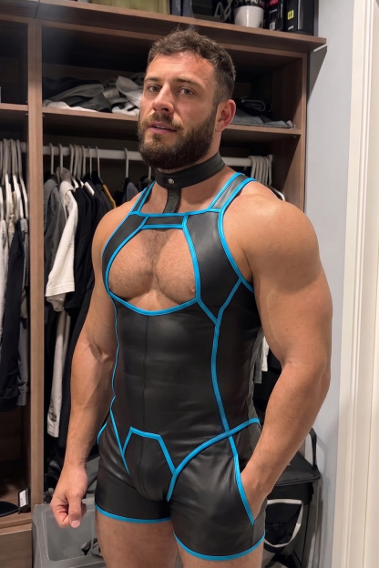 Mysteryglove Black PU Leather Singlet Bodysuit, Blue Contrast Piping + Back Zip + Open-Seat Cutout