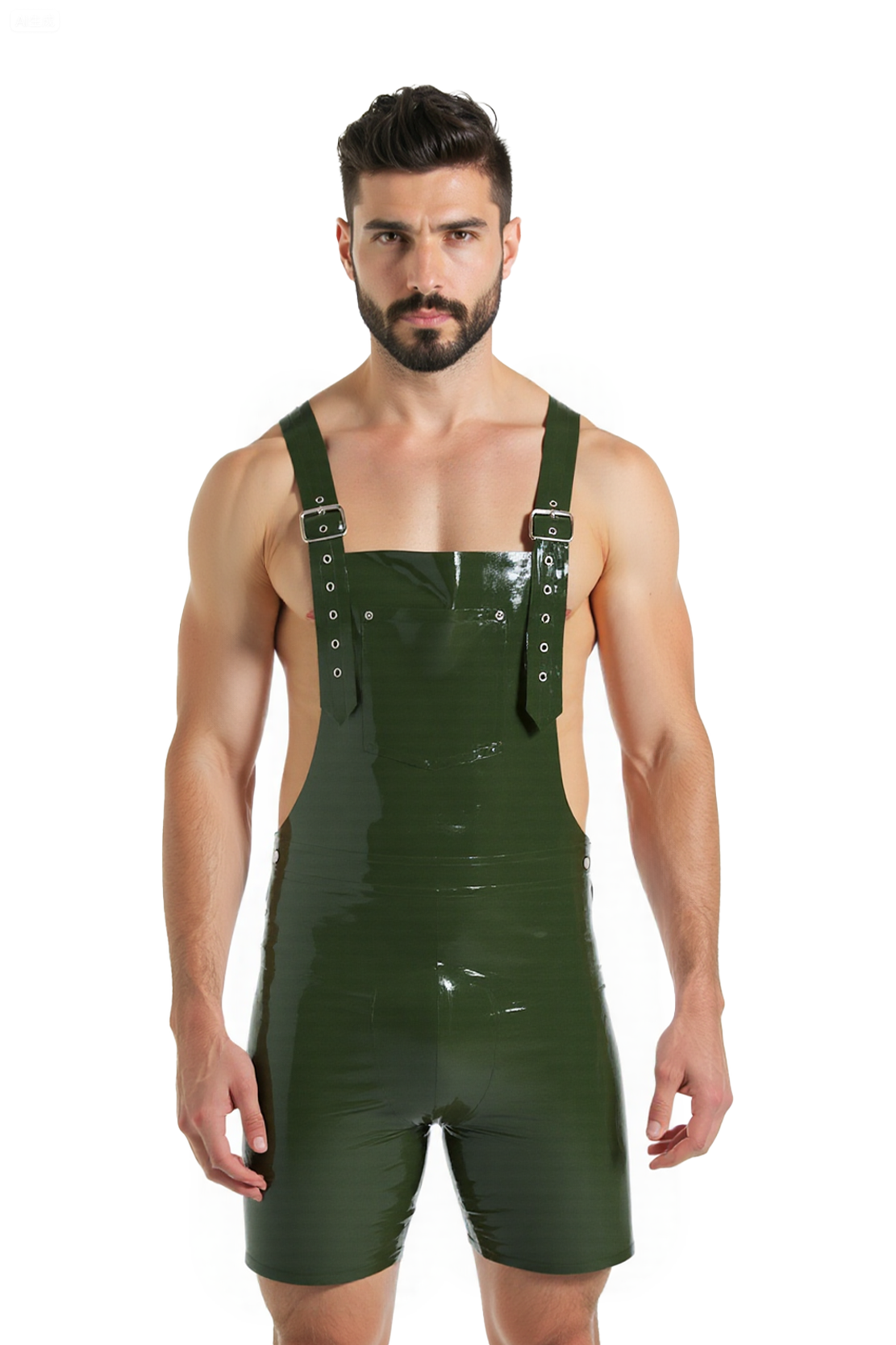 Mysteryglove Men’s PU Leather Overalls – Glossy Green Fetish Short Bib Jumpsuit