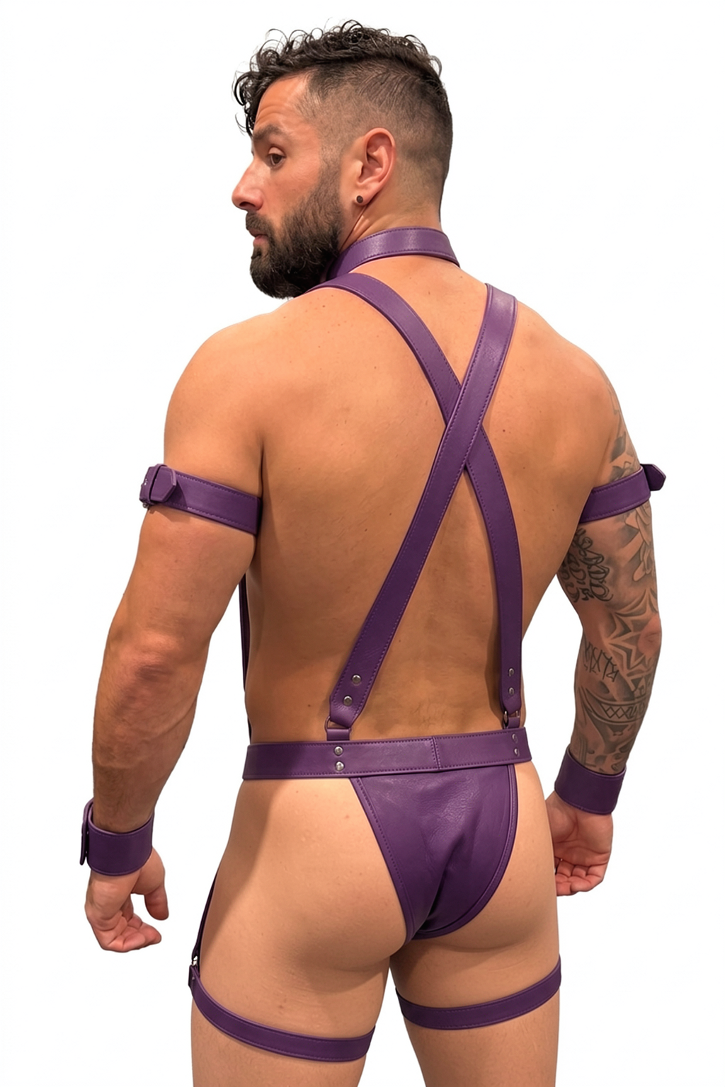 Mysteryglove Purple PU Leather Full Harness Set, X-Back Suspenders + Collar + Wrist Cuffs + Thigh Straps